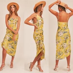 Mable Isabela Satin Tropical Floral Asymmetrical Midi Dress Yellow Medium